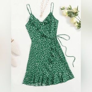 Green Heart Print Ruffle Detail Wrap Cami Dress - Size M